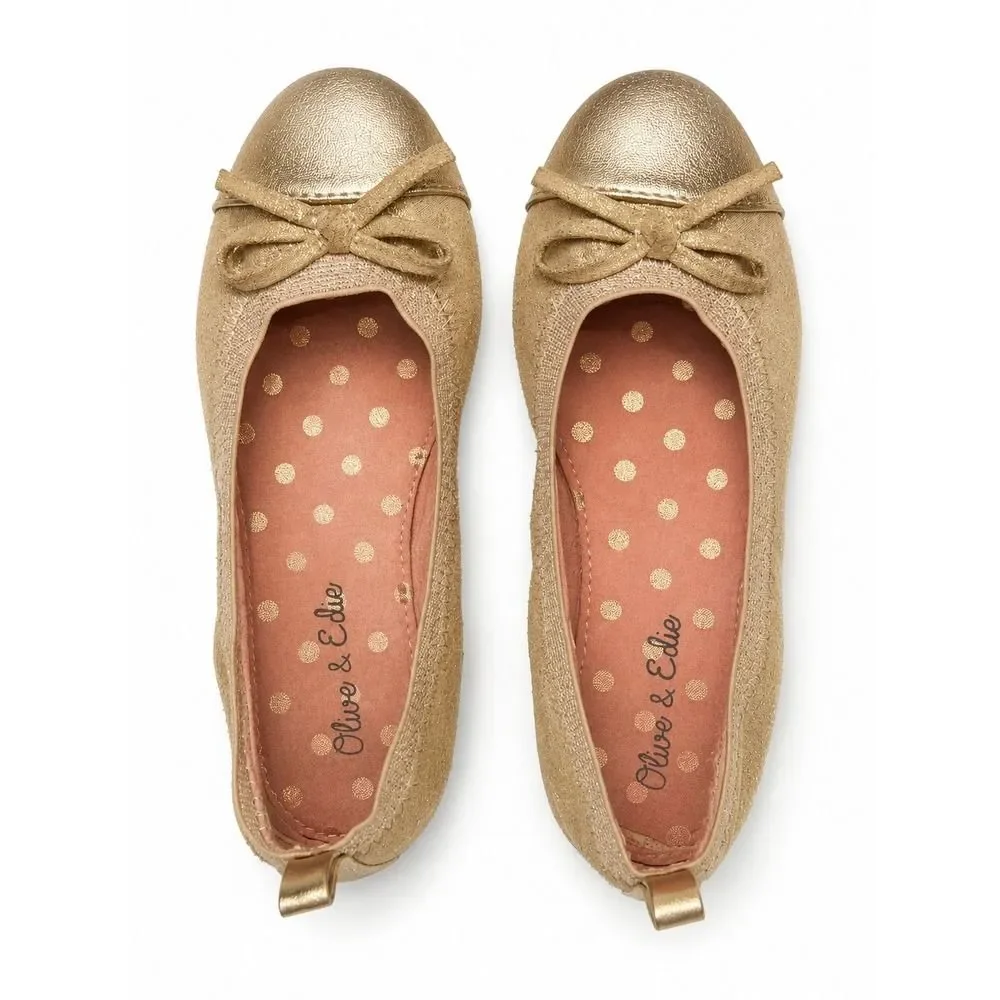 Olive & Edie Girls Gold Glitter Taylor Ballet Flats Shoes Metallic Bow Size 12M